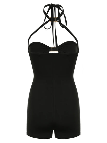 Mono ajustado con cuello halter, sexy, calado y con lazo, sin mangas, para mujer, ideal para vacaciones de verano