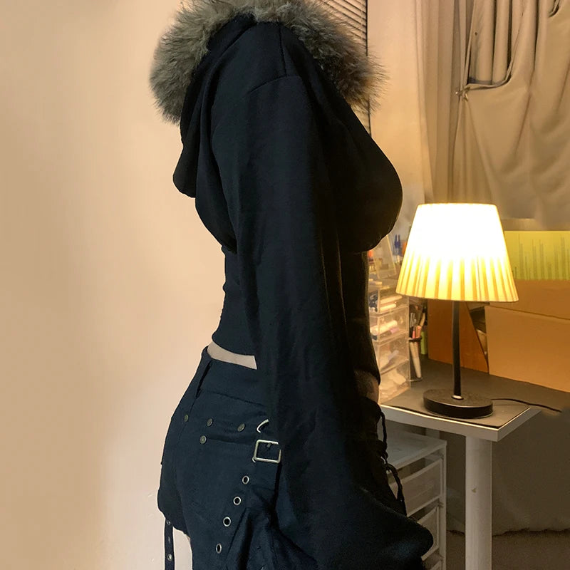 Cárdigan con capucha y ribete de piel Y2K para mujer, chaqueta corta ajustada negra básica, abrigo vintage de los años 90 con cremallera, ropa de calle Harajuku