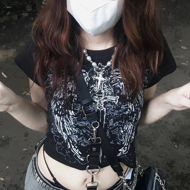 90s Harajuku printed T-shirt short sleeved tight top women’s Y2K street wear exposed navel top