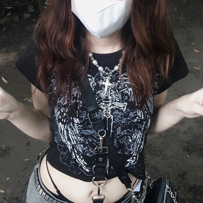 90s Harajuku printed T-shirt short sleeved tight top women’s Y2K street wear exposed navel top