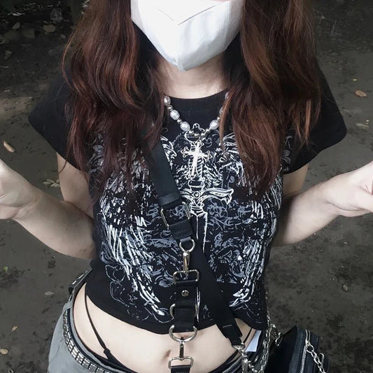 90s Harajuku printed T-shirt short sleeved tight top women’s Y2K street wear exposed navel top