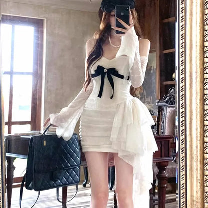 Minivestidos de encaje Y2K para mujer, cuello alto, mangas acampanadas, corte A, volantes, fiesta de cumpleaños, vestido de cola corta, moda coreana.