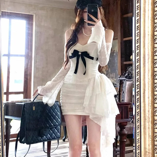 Minivestidos de encaje Y2K para mujer, cuello alto, mangas acampanadas, corte A, volantes, fiesta de cumpleaños, vestido de cola corta, moda coreana.