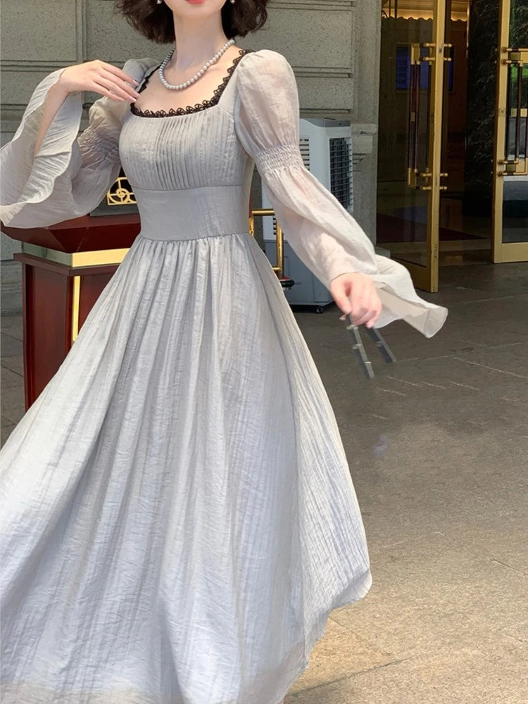 Vestidos midi de princesa de otoño para mujer, cuello cuadrado, manga acampanada, vestido de fiesta de cintura estrecha, vestidos coreanos de una pieza, nuevos