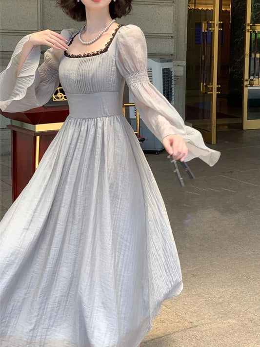 Autumn Princess Midi Dresses for Women Square Collar Flare Sleeve A-line Party Dress Slim Waist Korean One Piece Vestidos New