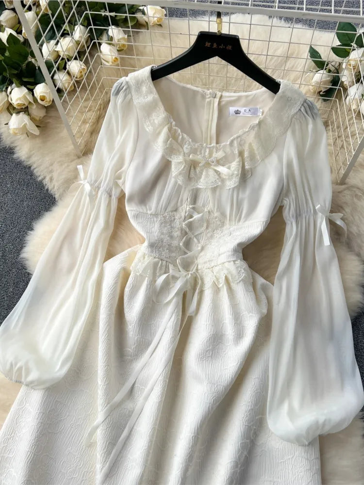Autumn Elegant Wedding Princess Party Dress Women Korean Jacquard Fairy Vintage Lace-up Lantern Sleeve Dresses Vestidos