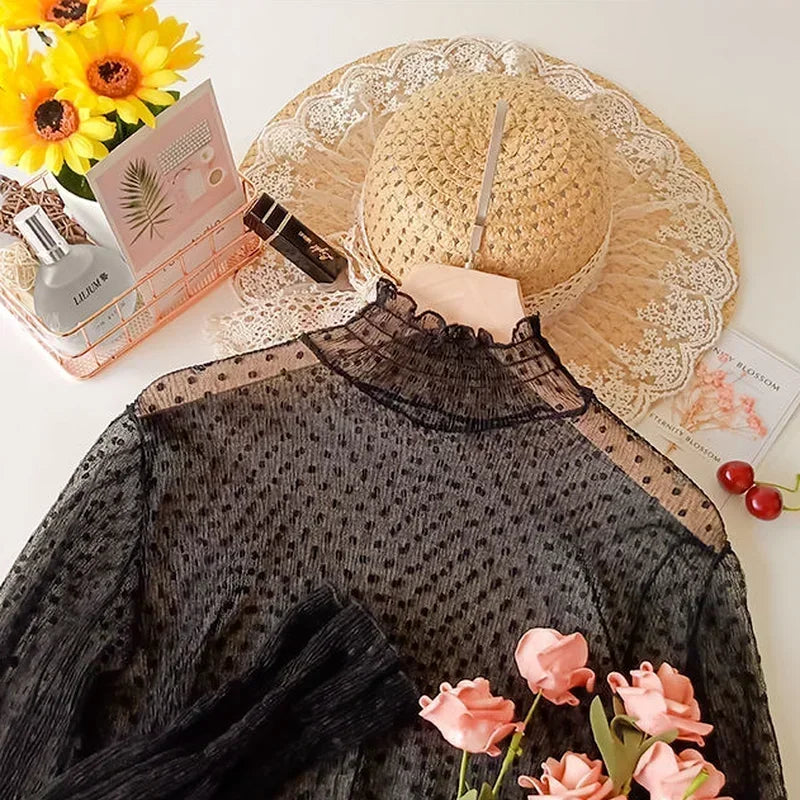 Blusa de verano con cuello alto y malla transparente para mujer, fina, ajustada, con encaje y mangas largas acampanadas