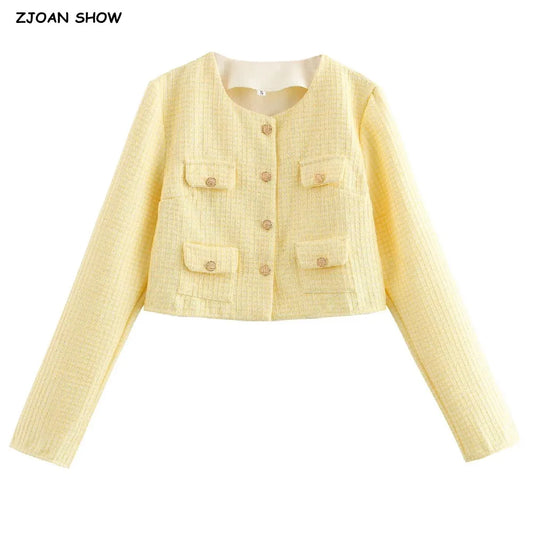 Abrigo de tweed a cuadros amarillo con cuello redondo para otoño, chaqueta corta vintage con bolsillos delanteros y botones dorados para mujer, chaqueta elegante