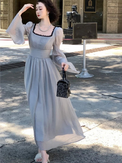 Vestidos midi de princesa de otoño para mujer, cuello cuadrado, manga acampanada, vestido de fiesta de cintura estrecha, vestidos coreanos de una pieza, nuevos