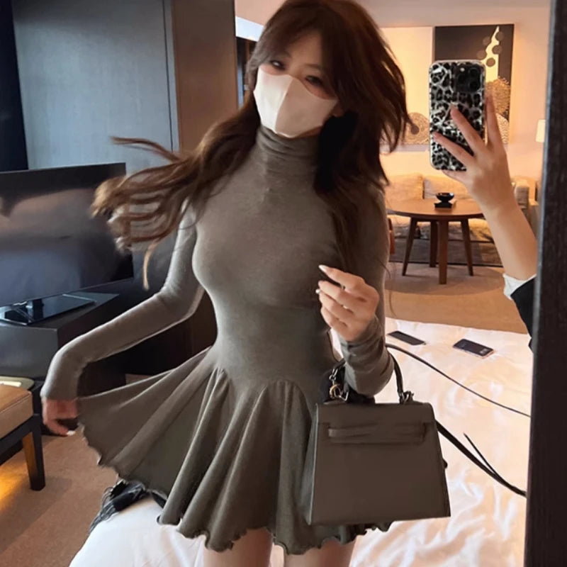 Otoño Nuevos Vestidos Mini Sólidos Para Mujer Cuello Alto Manga Larga Volantes Acampanados Casual Moda Coreana Ropa Femenina Vestidos Para Mujer