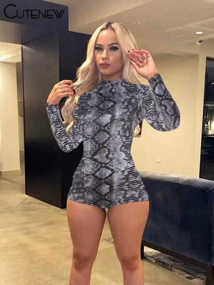 Mono con estampado de leopardo para mujer, moda de otoño, mono ajustado elástico de manga larga con cuello redondo, ropa de calle para discoteca