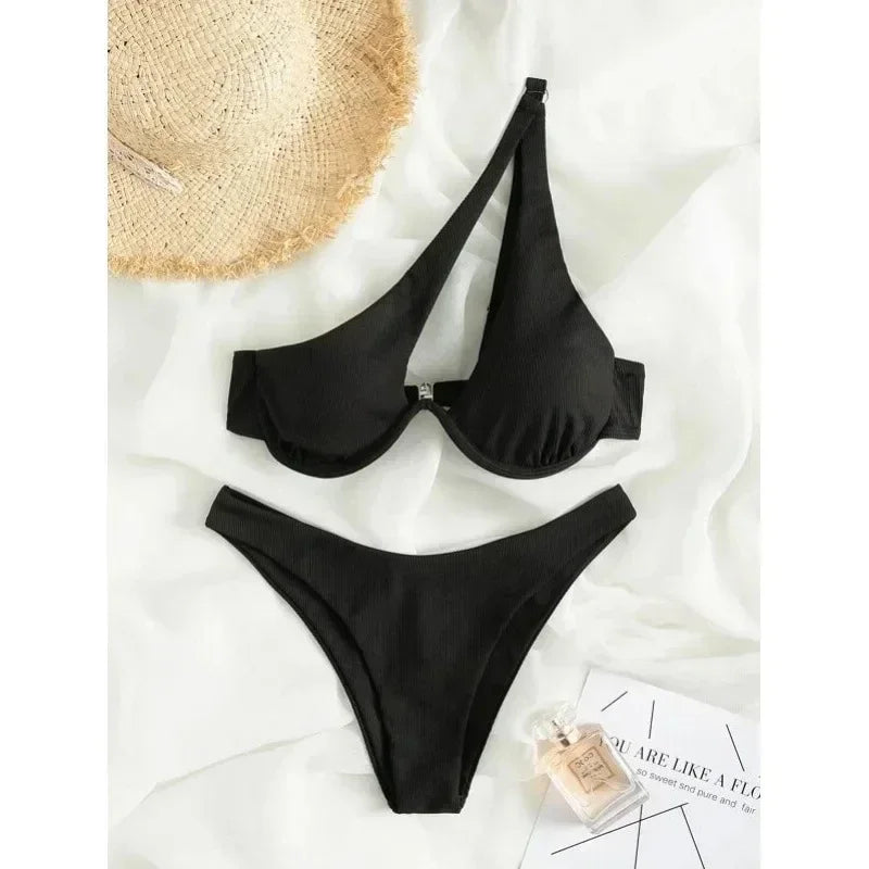 Luxury Two Pieces Solid Patchwork Underwire Push Up One Shoulder Cut Out Beachwear Swimwear Biqunis Brazilian Thong Bikini