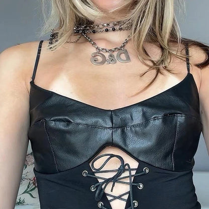 Camisola con cordones en la parte delantera para mujer, estilo gótico, sin mangas, ajustada, estilo punk, sexy, para discoteca