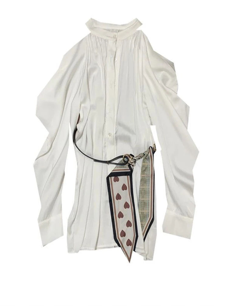 Camisa larga blanca elegante con hombros descubiertos para mujer, estilo coreano Dongdaemun, de alta calidad, con mangas abullonadas y cinturón, nueva