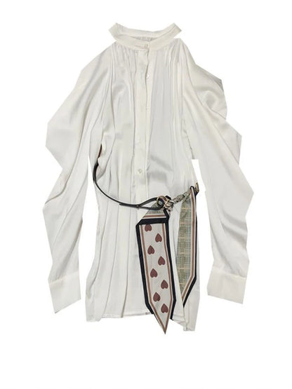 Camisa larga blanca elegante con hombros descubiertos para mujer, estilo coreano Dongdaemun, de alta calidad, con mangas abullonadas y cinturón, nueva