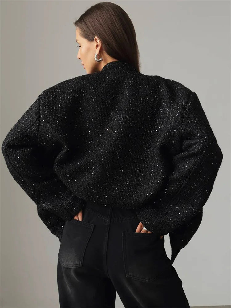Black Sequin Fashion Outwear Female Loose Patchwork High Waist Long Sleeve Jacket Streetwear Solid Glitter Female Coat New