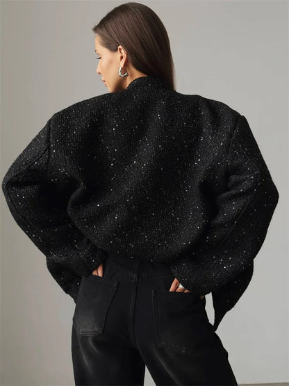 Black Sequin Fashion Outwear Female Loose Patchwork High Waist Long Sleeve Jacket Streetwear Solid Glitter Female Coat New