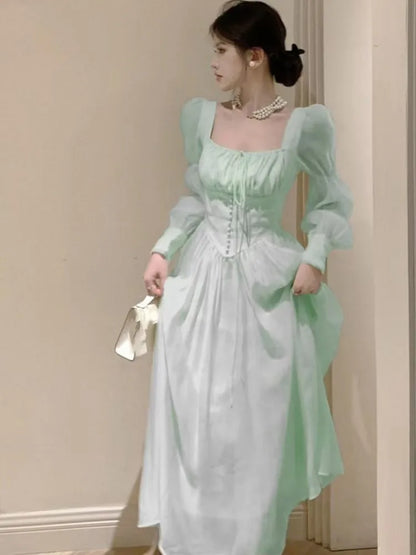Vestidos midi de princesa de otoño para mujer, cuello cuadrado, cintura estrecha, mangas abullonadas, ropa vintage elegante para mujer, vestido de una pieza