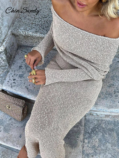 Beach Knitted Off The Shoulder Long Dress Women Slim Flare Sleeve Hollow Out Maxi Dresses 2025 Summer Lady Hip Package Robes