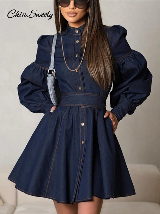 Casual Women’s Denim Blue Mini Dresses O-neck Long Sleeved Cinched High Waist Lace Up Dresses 2025 Spring Lady A-line Vestidos