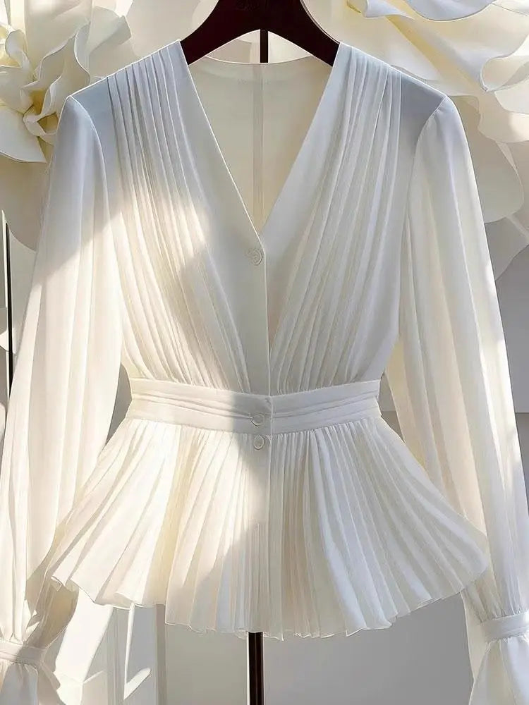 Blusa básica de chifón con cuello en V y volantes para mujer, elegante, blanca, plisada, de manga larga, informal, para oficina