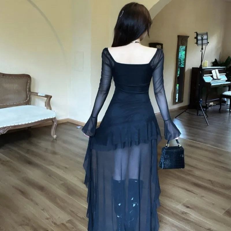 Vestido de fiesta de noche irregular Y2K de malla de manga larga con cuello cuadrado y volantes, corte en A, sexy, moda coreana