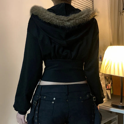 Cárdigan con capucha y ribete de piel Y2K para mujer, chaqueta corta ajustada negra básica, abrigo vintage de los años 90 con cremallera, ropa de calle Harajuku