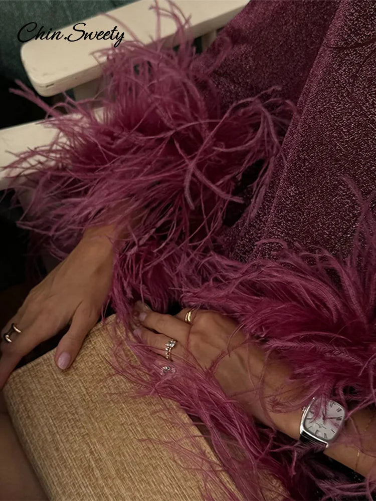 Glitter Feather Oversize Shirt Women Fashion Sparkle Stand Collar Single-breasted Long Flare Sleeve Blouse  Lady Y2K Outwear