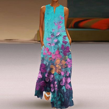 Vestidos largos vintage con estampado de flores para mujer, moda de verano 2025, cuello en V, sueltos, sin mangas, informales, para ir al trabajo