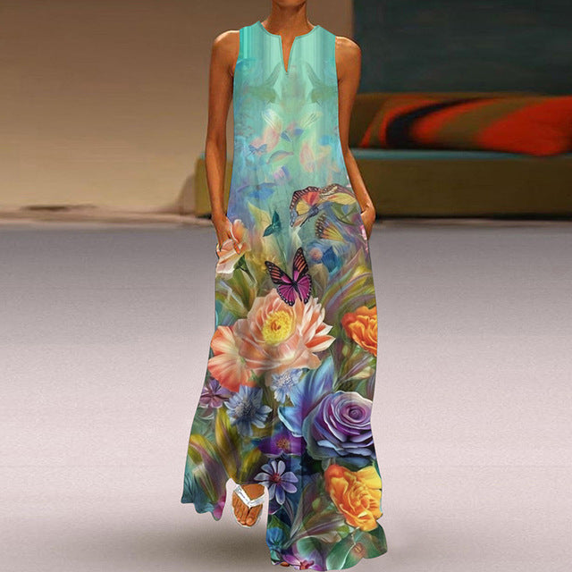 Vestidos largos vintage con estampado de flores para mujer, moda de verano 2025, cuello en V, sueltos, sin mangas, informales, para ir al trabajo