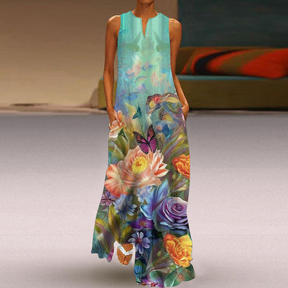 Vestidos largos vintage con estampado de flores para mujer, moda de verano 2025, cuello en V, sueltos, sin mangas, informales, para ir al trabajo
