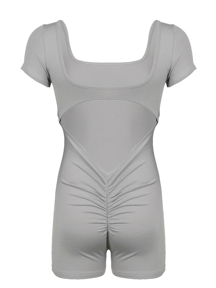 Mono ajustado de manga corta con cuello cuadrado y espalda descubierta para mujer, color gris, sexy, para fiesta de verano, estilo baddie.