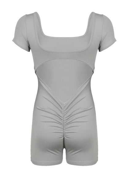 Mono ajustado de manga corta con cuello cuadrado y espalda descubierta para mujer, color gris, sexy, para fiesta de verano, estilo baddie.