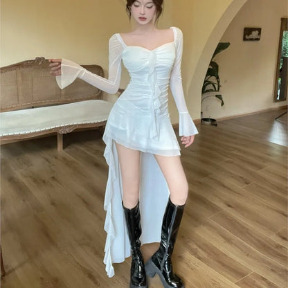 Vestido de fiesta de noche irregular Y2K de malla de manga larga con cuello cuadrado y volantes, corte en A, sexy, moda coreana