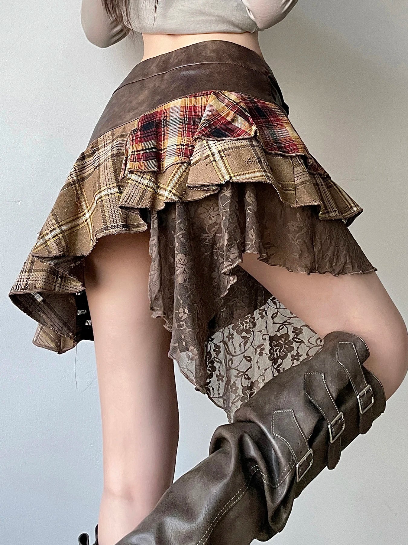 Minifaldas asimétricas estilo retro americano para mujer, con encaje, rayas, cuadros, cuero, irregulares, diseño elegante, vestidos cortos.