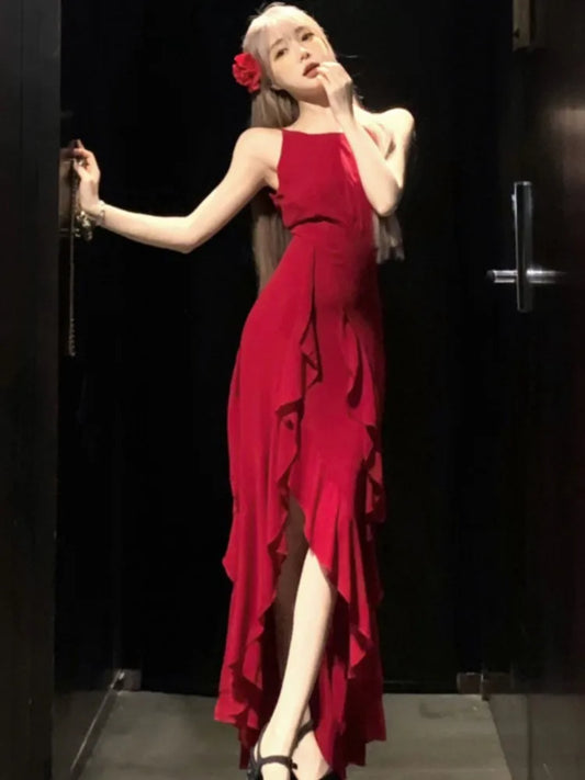 Vestidos irregulares rojos Y2K para mujer, sexys, con tirantes finos, sin mangas, con volantes, para fiesta de cumpleaños, de verano, ajustados, informales