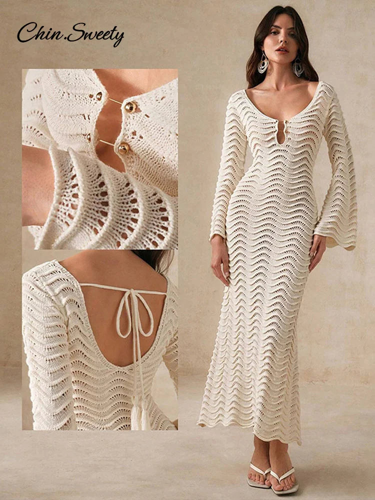Beach Knit Hollow Out Maxi Dress Women Solid Flare Sleeve Lace-Up See-Through Holiday Dresses Female 2025 Summer Lady Slim Robes