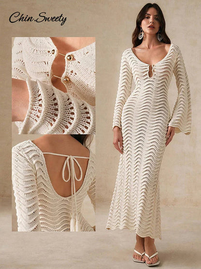 Beach Knit Hollow Out Maxi Dress Women Solid Flare Sleeve Lace-Up See-Through Holiday Dresses Female 2025 Summer Lady Slim Robes
