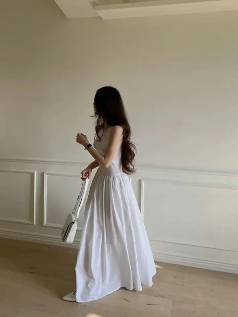 Women Elegant Long Dress Summer Sleeveless Korean Chic Dresses Ladies Vintage A Line Casual Long Robe Vestidos