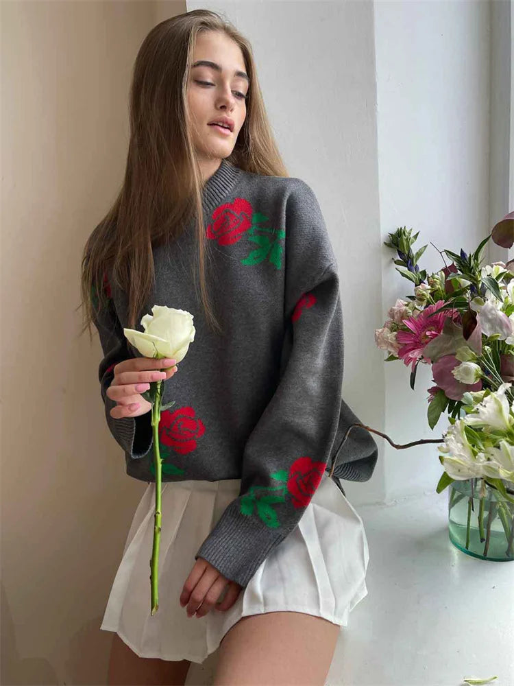 Autumn Knit Sweater Pullover Women’s Printed Long Sleeve High Waist Ribbed Fashion Loose Knitwear Top Female Sweater