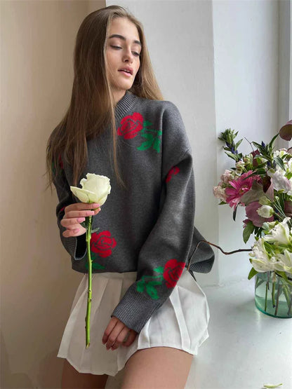 Autumn Knit Sweater Pullover Women’s Printed Long Sleeve High Waist Ribbed Fashion Loose Knitwear Top Female Sweater