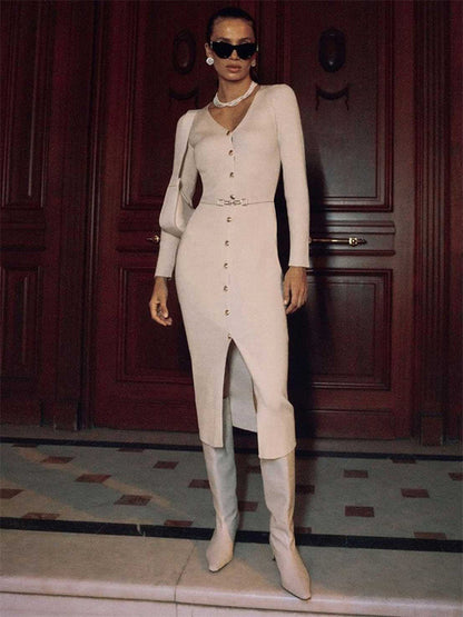 Autumn V-Neck Knit Long Dress For Women Ribbed Patchwork Cardigan Slim Elegant Party Dress Female Knitwear Maxi Dress