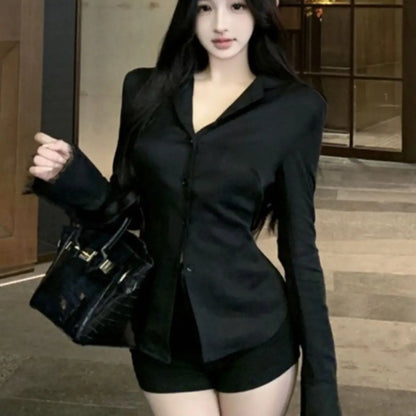 Backless Lace Youthful Fashion Black Long Sleeve Shirt Women V Neck Patchwork Elegant Basic Blouse Lady Office Casual White Top