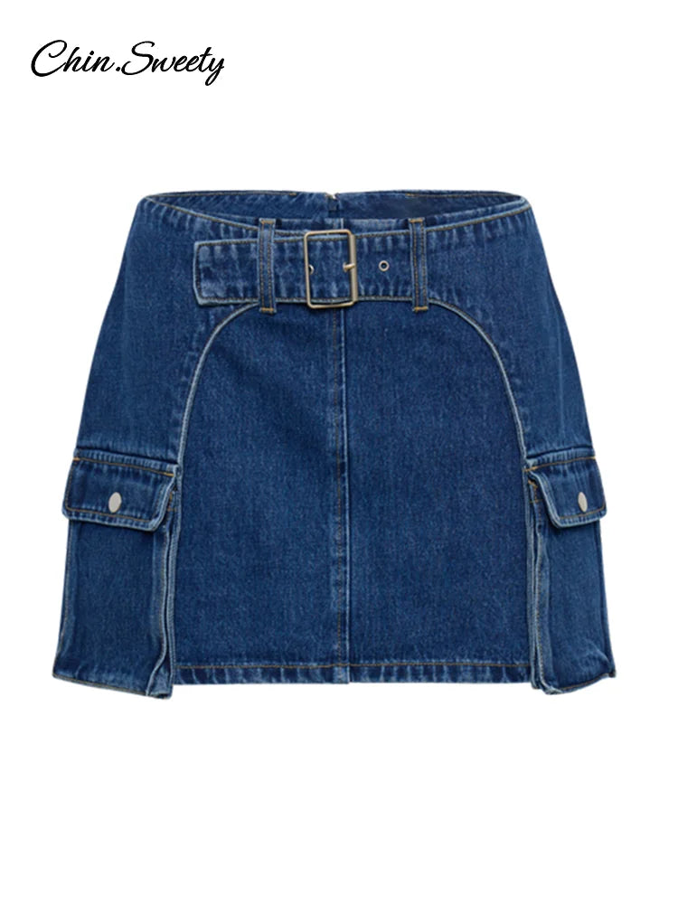 Conjuntos de falda y top de mezclilla con hombros descubiertos Y2K para mujer, chaleco corto sin mangas con cuello oblicuo ajustado, faldas ajustadas 2025, traje de calle de 2 piezas para mujer