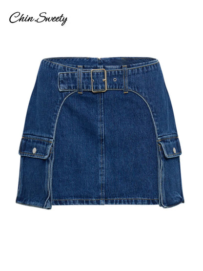 Conjuntos de falda y top de mezclilla con hombros descubiertos Y2K para mujer, chaleco corto sin mangas con cuello oblicuo ajustado, faldas ajustadas 2025, traje de calle de 2 piezas para mujer