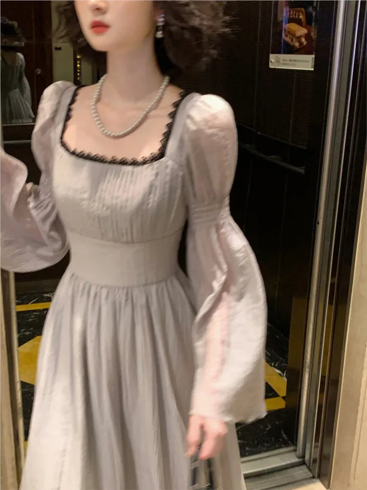 Vestidos midi de princesa de otoño para mujer, cuello cuadrado, manga acampanada, vestido de fiesta de cintura estrecha, vestidos coreanos de una pieza, nuevos