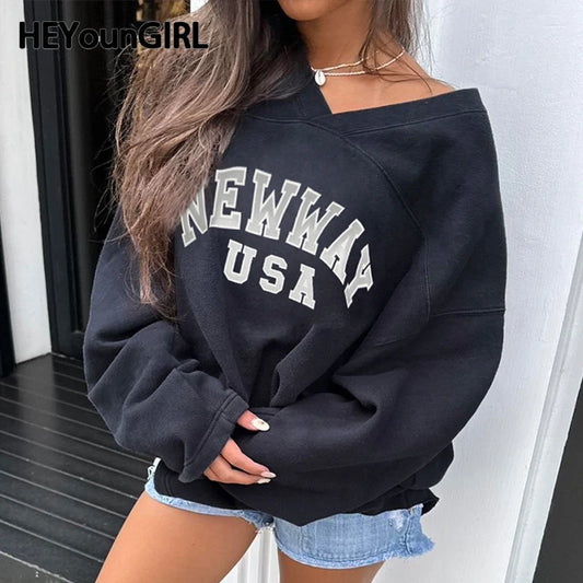 Sudadera Y2K con cuello en V para mujer, estampado de letras, estilo preppy, azul oscuro, manga larga, ropa de calle de invierno, jerséis informales