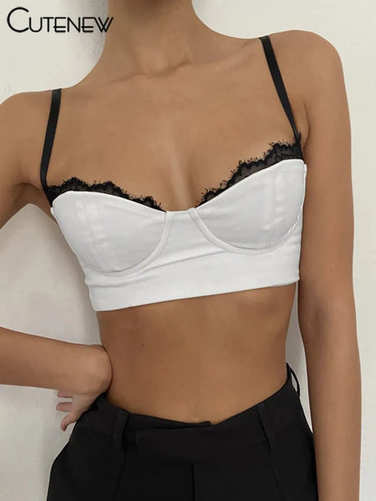 Y2K - Camiseta sin mangas con tirantes y retazos para mujer, camisola sexy de verano, sin mangas, ajustada, de encaje blanco, informal, ropa de calle