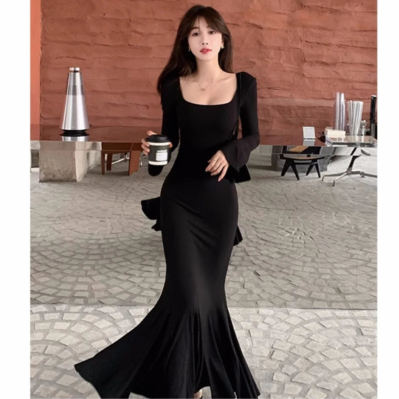 Vestidos largos de moda de otoño para mujer, mangas largas, cuello cuadrado, estilo coreano, corte entallado, sirena, elegantes, básicos, lisos, nuevos