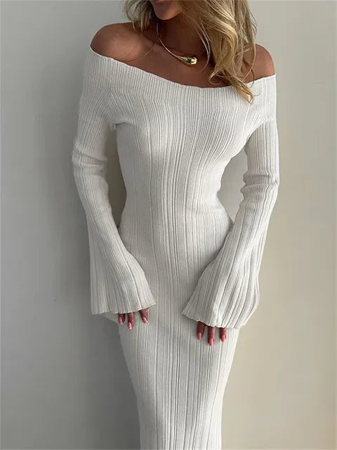 Autumn Knit Ribbed Long Dress Women Off-Shoulder Slim High Waist Patchwork Elegant Party Dress Female Maxi Dress Knitwear